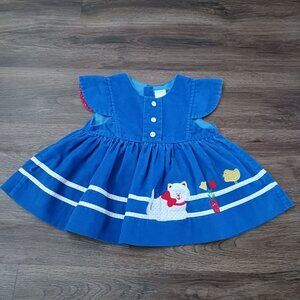 Vintage Blue Corduroy Dress Size 24 months Cat Bird Flowers
